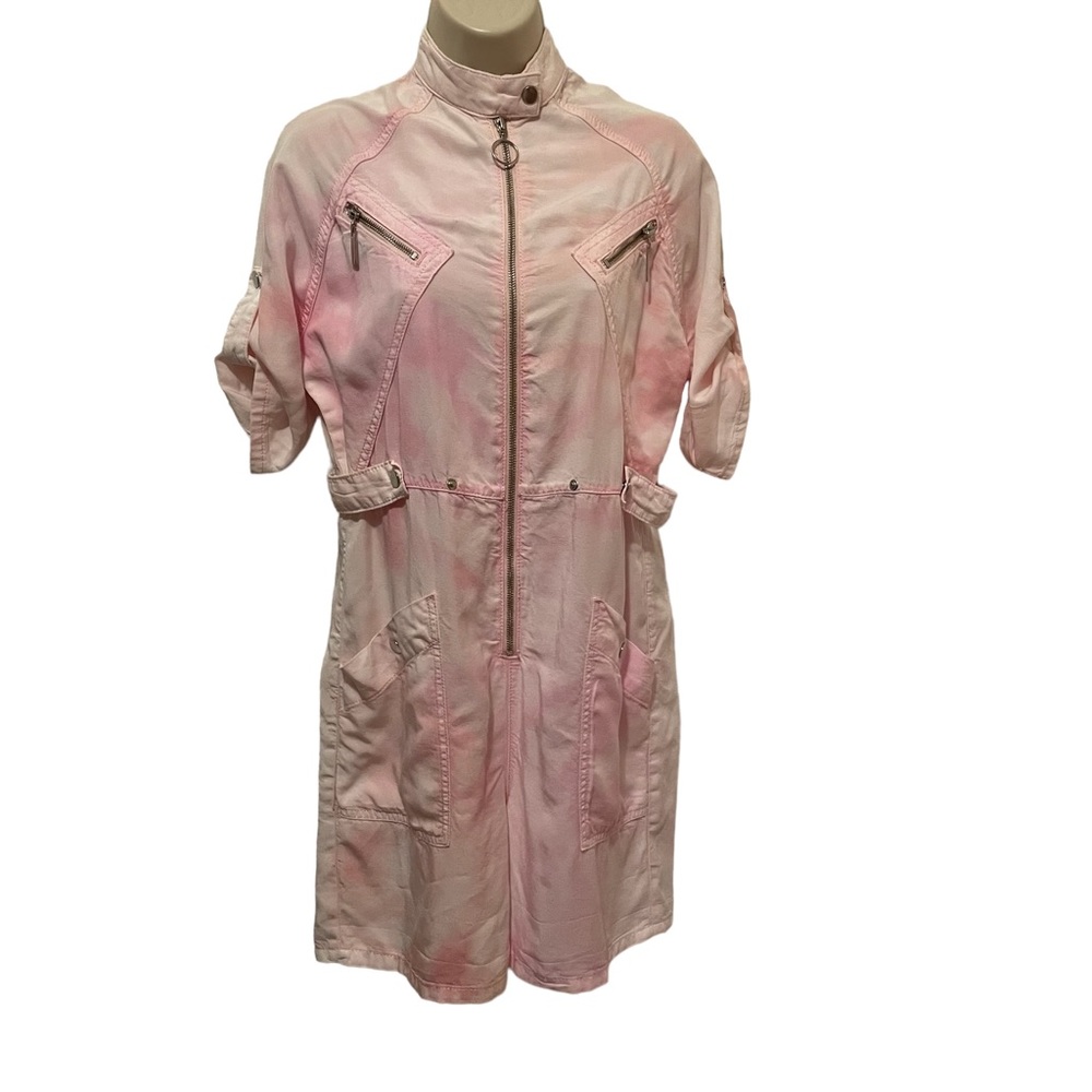 TopShop Pink Tie Dyed Romper Full Zip Pockets Short Roll-tab Sleeves Size 2
